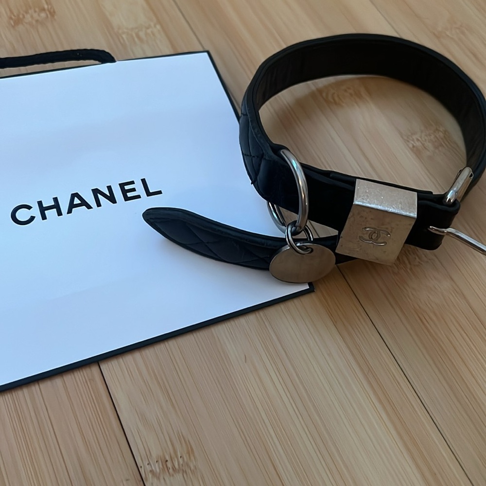 Chanel Black Leather Dog Collar with Chanel Hardware Logo
